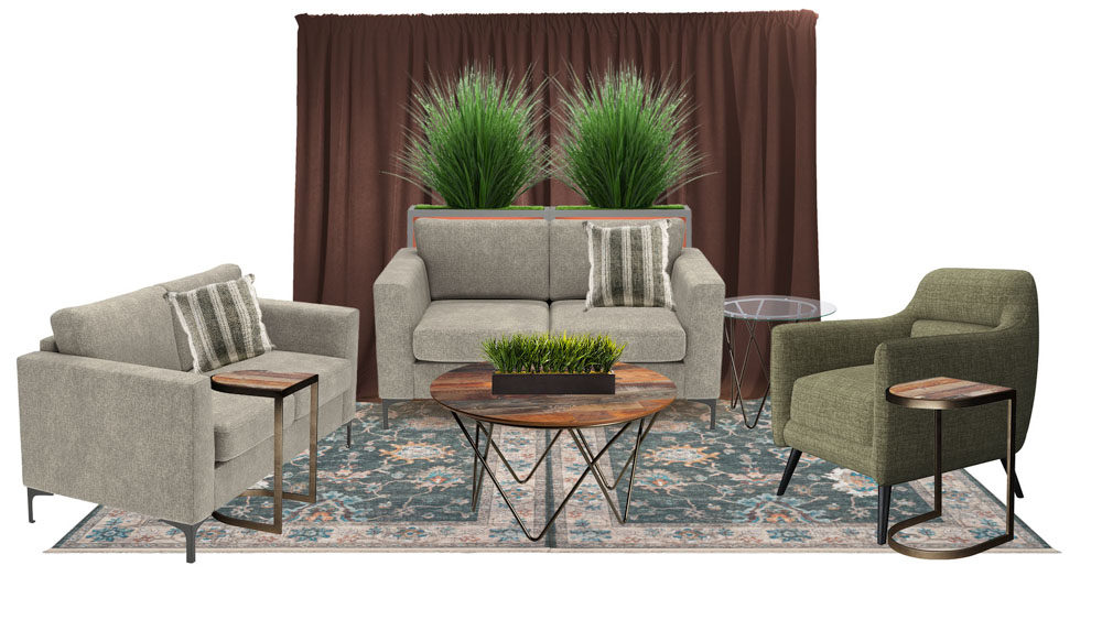 green soft seating set up with life like trees and orange accents