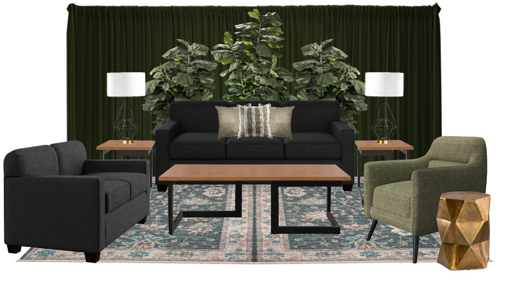 black soft seating grouping with wood and metallic tables and lush trees