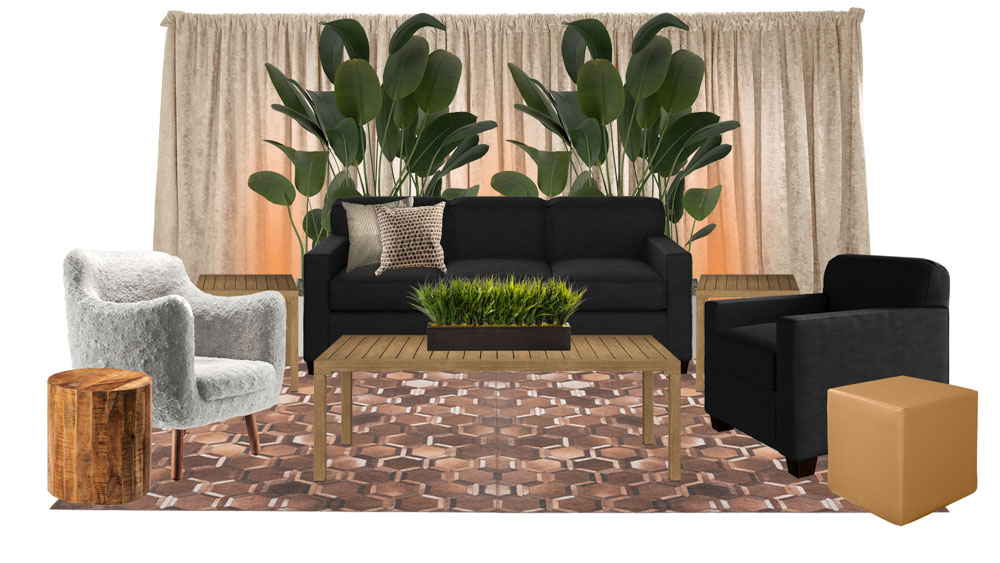 green soft seating set up with life like trees and orange accents
