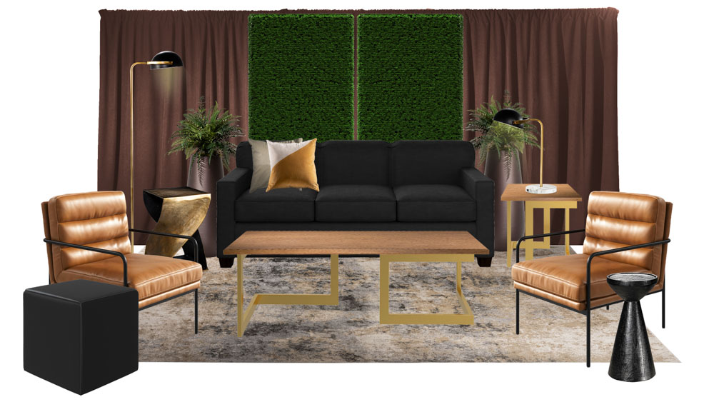 warm lounge grouping with black loveseat, cognac accent chairs and greenery