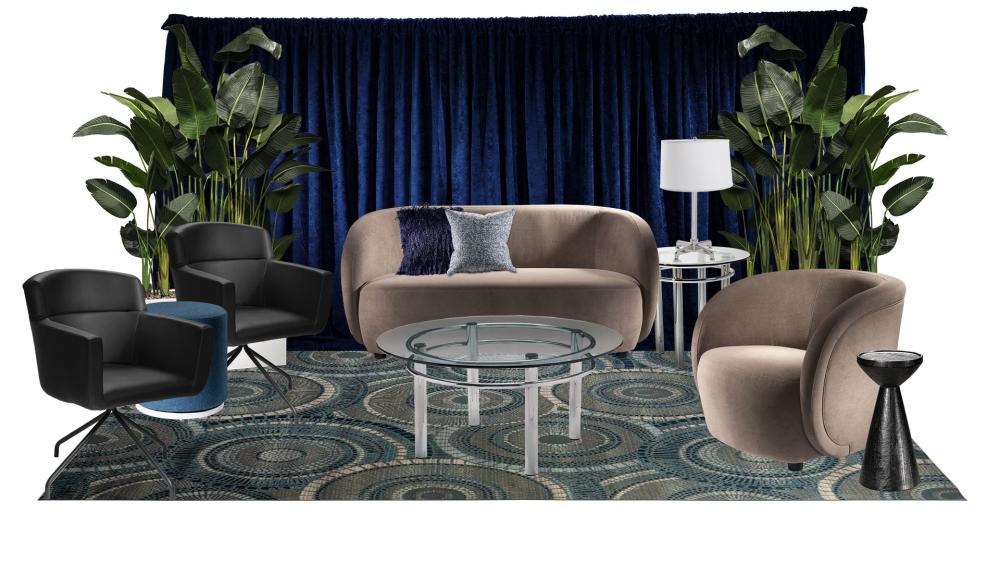 mink gray velvet sofa and loveseat paired with black chairs, greenery and deep blue drape