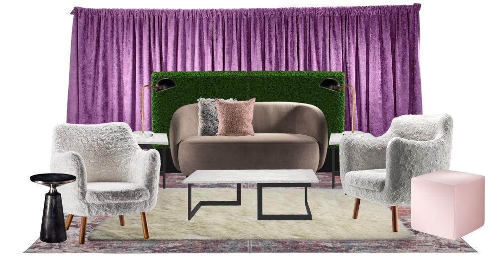lounge seating with a soft velvet loveseat, textured chairs and a lilac drape background