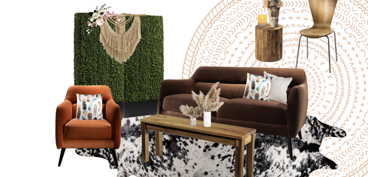 mood board with brown and orange seating and wood accents