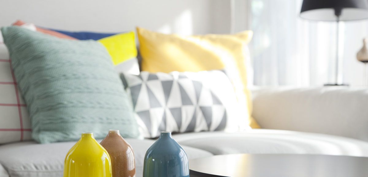 closeup of colorful pillows in living room