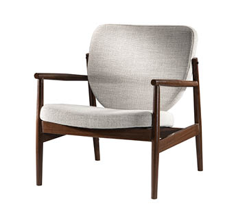 taupe chair with faux walnut frame