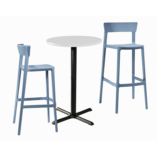 four gray molded chairs around a blue cafe table