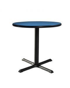 Cafe table with black star base and azure blue top for rent.
