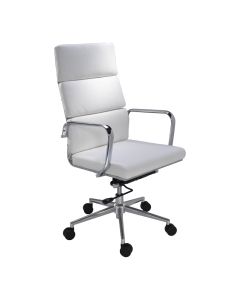 White vinyl high-back office chair with chrome swivel base. 