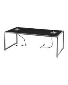 black rectangular cocktail table with two open power hubs
