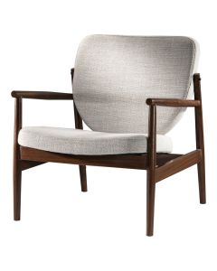 Sand colored fabric accent chair with walnut-metal frame.  