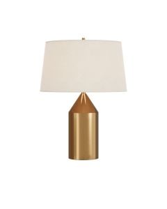 table lamp with brushed brass base and soft linen shade