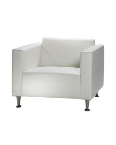 Modern white vinyl event seating club chair with flared brushed metal legs. 