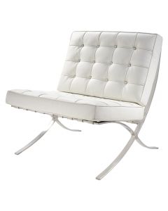 Sophisticated white vinyl wide-seat chair with crossed chrome frame. 