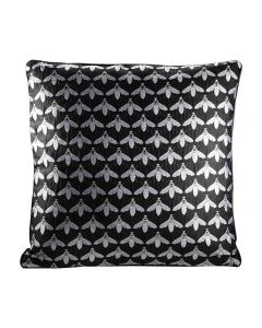 Glossy black satin pillow with metallic silver bee pattern. 