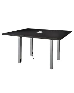 5ft square powered conference table with silver legs with centered power hub.