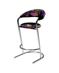 Curved barstool with chrome legs and customizable fabric cover with colorful floral design over back and seat. 