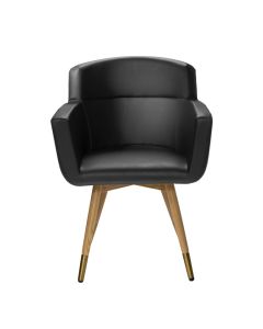 straight on view of black vinyl meeting chair with oak-look metal base