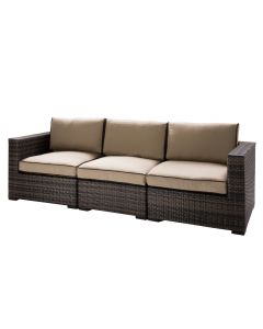 Tan fabric outdoor 3-seat sofa with brown/gray woven frame. 