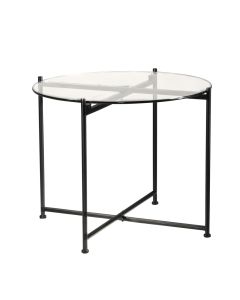 glass side table with black steel frame