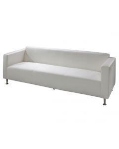 White vinyl outdoor soft seating sofa with brushed metal legs. 