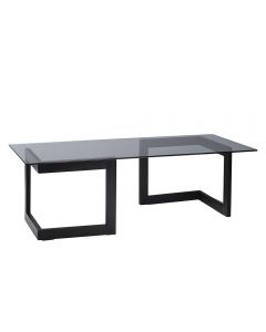 Event rental black glass-top cocktail table with black base. 
