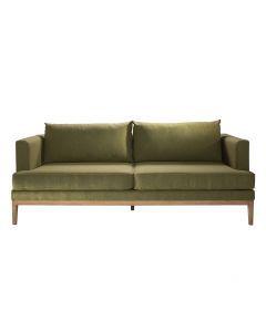 Sage green event rental sofa with beach-wood look frame. 