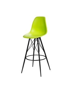 bright green barstool with molded plastic seat and black tower base
