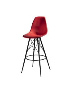 red barstool with molded plastic seat and black tower base