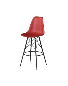 red barstool with molded plastic seat and black tower base