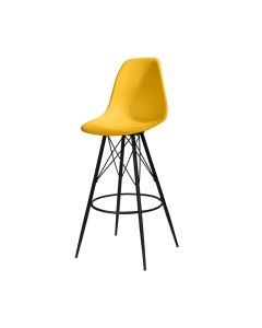 yellow plastic barstool with black steel tower base