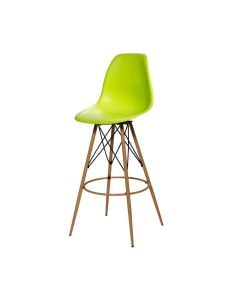 bright green barstool with with molded plastic seat and oak tower base