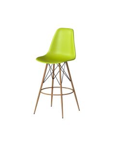 bright green barstool with with molded plastic seat and oak tower base