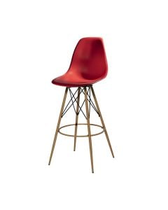 red barstool with with molded plastic seat and oak tower base