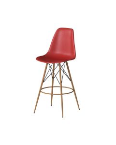 red barstool with with molded plastic seat and oak tower base