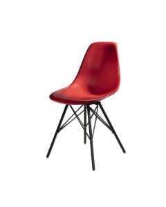 red chair with molded plastic seat and black tower base
