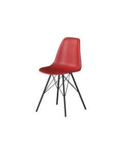 red chair with molded plastic seat and black tower base