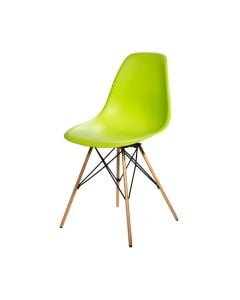 bright green chair with molded plastic seat and oak tower base