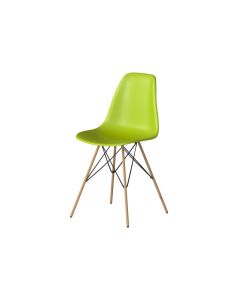 bright green chair with molded plastic seat and oak tower base