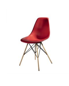 red chair with molded plastic seat and oak tower base