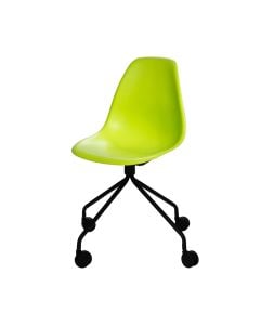 bright green chair with molded plastic seat and black swivel base
