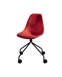 red chair with molded plastic seat and black swivel base