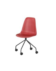 red chair with molded plastic seat and black swivel base