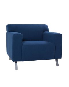 angled view of blue club chair