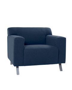 angled view of blue club chair