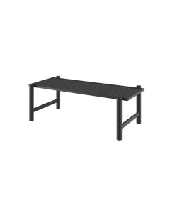 charcoal gray rectangular metal cocktail table with slatted charcoal tabletop and frame