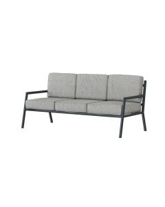 gray indoor outdoor sofa with charcoal metal frame and stone textured cushions
