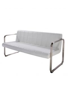 Modern white vinyl sofa with brushed metal arms and base. 