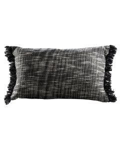 black and white lumbar pillow with frayed edges
