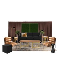 warm lounge grouping with black loveseat, cognac accent chairs and greenery