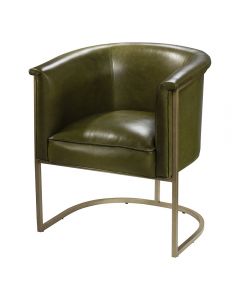 Moss green leather chair with bronze metal frame for conferences and events. 